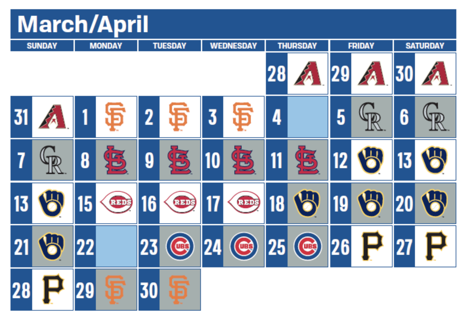 A baseball schedule for the Los Angeles Dodgers for the month of April. There are two off days and six different cities listed.